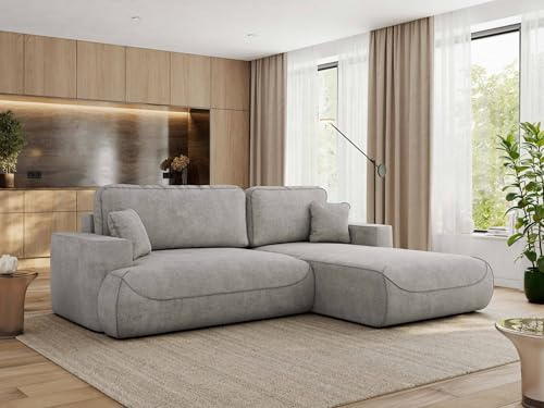 MKS MEBLE Ecksofa Wohnlandschaft L-Form mit Schlaffunktion und Bettwäscheschrank, Schlafsofa mit Bettkasten, modernes Sofa OVO L - Rechts - Hellgrau Strukture