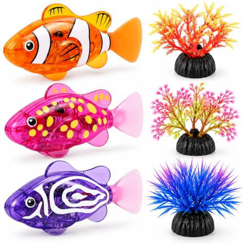 GUHIRALONA 6Pcs Robo Fisch, Swimming Fish with Colourful, Orange, Purple and Pink Clownfish Design for Decoration and Entertainment