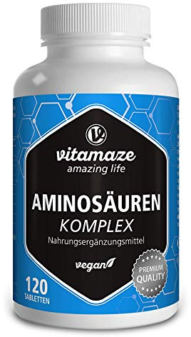 Aminosäuren Komplex hochdosiert & vegan, 120 Tabletten mit 8 essentiellen Aminosäuren EAA (u.a. Tryptophan, Lysin, Leucin, Tyrosin), Nahrungsergänzung ohne Zusatzstoffe