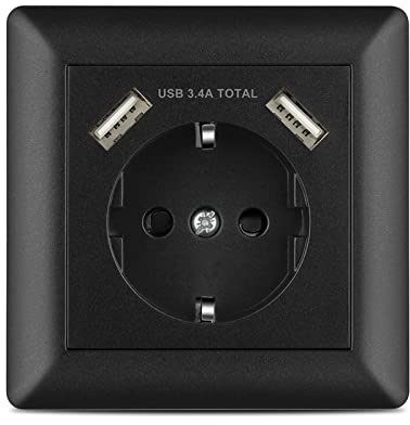 Kaifire USB Steckdose, Unterputz Steckdose mit USB Anschluss (Max.3.4A) System 55 Reinweiß Glänzend Rahmen Schuko Steckdose Komplett-Set Wandsteckdose für Smartphone Tablet MP3, Schwarz