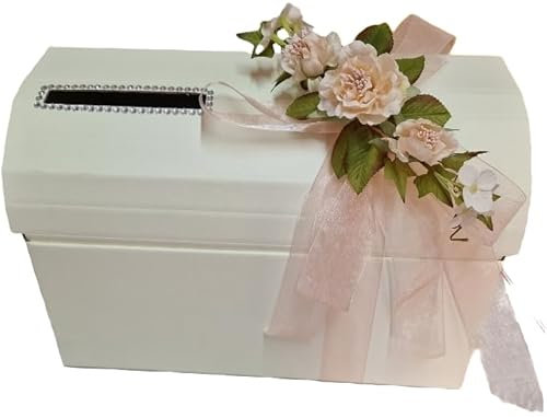 Baule Scatola Porta Buste Matrimonio Nozze Colore Avorio Nastro E Fiore Pesca 38X23X25 CM