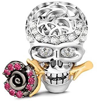GNOCE Schädel Liebe Rose Charm Anhänger 925 Sterling Silber Perlen Charms mit weißen und Rosen Zirkonia für Armbänder Halsketten (Silber)
