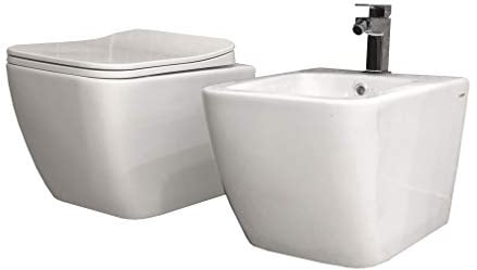 Coppia Sanitari Sospesi Rimless senza brida linea squadrata dimensioni ridotte coprivaso soft-close
