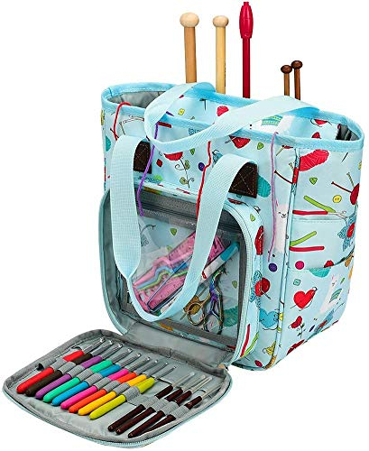 Coopay Basteltasche zum Häkeln, Stricken, Kreuzstich, Garn Organizer Tasche Reise-Aufbewahrungstasche für Strickzubehör & Häkelprojekte, Stickerei Nähtaschen, 24,9 x 25,4 x 14 cm, Oxford-Stoff, Blau