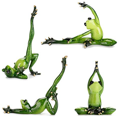 JUXYES Set mit 4 kreativen Yoga-Fröschen aus Harz, 4 Verschiedene Yoga-Posen, Frosch-Skulptur, Statue, personalisierte Tier-Sammelfiguren, Maskottchen, Frosch, Kunstharz, Handwerk für Regale, Tisch