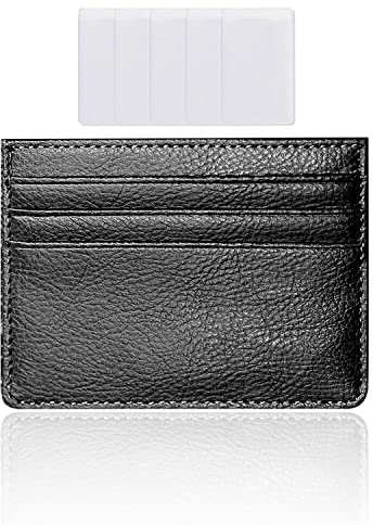 DEEDPF Portefeuille en cuir ultra fin avec blocage RFID, 6 emplacements pour cartes et 1 poche avec 5 porte-cartes transparents mats anti-magnétiques, Noir , Minimaliste