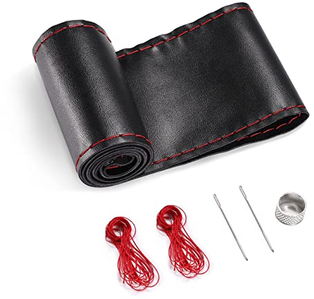 SEG Direct Lenkradabdeckung aus Echtem Leder, Wrap Aufnähen, für 37-39 cm Rund und D-Typ Lenkräder, Schwarz mit Roter Linie
