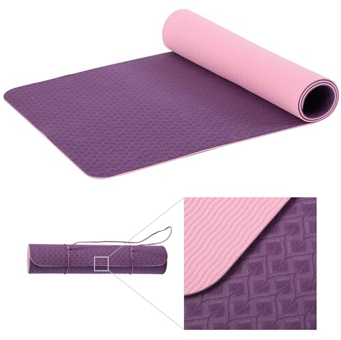 SHOP LC Rutschfeste Yogamatte, TPE Trainingsmatte für Fitness, Pilates & Gymnastik, leichte Reisematte für zu Hause oder draußen mit Trageriemen, Dicke 6 mm Rosa-Lila