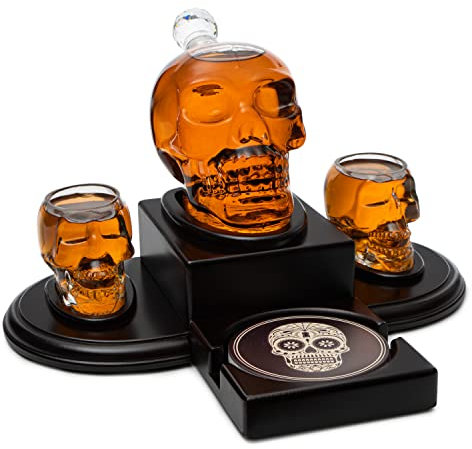 Skull Whiskey Decanter Set 800ml Skeleton Wine Decanter with 2 Skull Shot Glasses. Spooky Goth Drinking Glassware