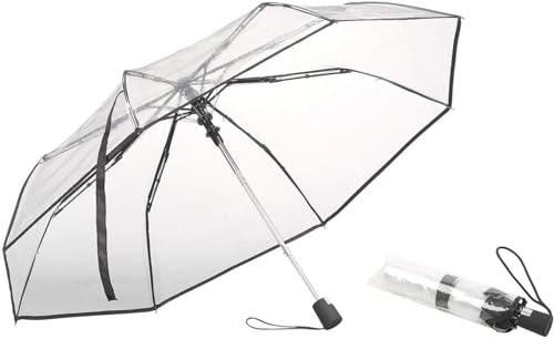 VIFERR Durchsichtiger Regenschirm Weißer Transparent Regenschirm Automatisch Faltbarer Tragbarer Dreifach Gefalteter Regenschirm (Schwarz)