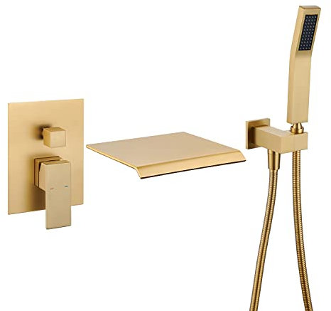 Wowkk Wall Mount Tub Filler Waterfall Tub Faucet Brushed Gold Bathtub Faucet Brass Single Handle Bathroom Faucet with Hand Shower