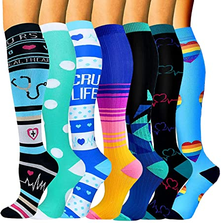 Tlynsnil Chaussettes de compression ​pour homme et femme 15-20 mmHg, 7 Paires Chaussettes de Compression pour Sportive, infirmiers, Voyage en Avion, Course à pied, de Grossesse, de Vol et de Voyage