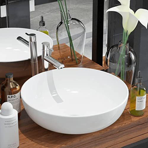 HOMIUSE Lavabo Ronde CéRamique Blanc 41,5x13,5 CM Vasque à Poser Salle de Bain Mitigeur Lavabo Salle de Bain Lavabo Wc Lave-Mains éVier-Lavabo à Poser Sur Meuble Au-Dessus du Comptoir