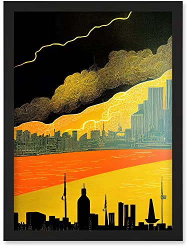 Wee Blue Coo Modern Black Yellow Orange Linocut London Skyline Cityscape Storm Lightning Artwork Framed Wall Art Print A4