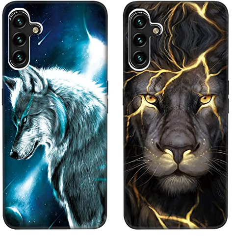 DiaryTown 2 Stück Samsung Galaxy A14 5G Hülle mit Tier Muster Motiv Handyhülle Ultra Dünn Silikon Schwarz Case Stoßfeste Schutzhülle Weich Microfiber TPU Bumper Cover für Galaxy A14 4G - Wolf & Löwe