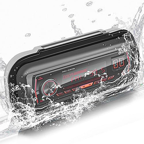 Waterproof Marine Stereo Receiver Cover - Boat Radio Protector Shield - Universal in Dash Single DIN DVD CD Radio Splash Guard Housing Case with Flip-up Door Spring Loaded Mounting Gasket