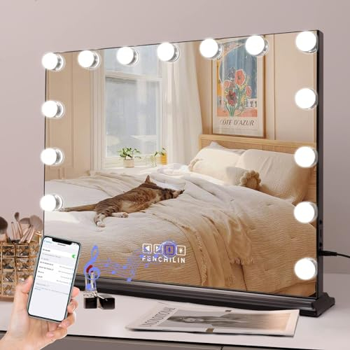 FENCHILIN Miroir Maquillage avec 15 Ampoules LED Haut-Parleur Bluetooth Miroir Coiffeuse Lumineux avec Port USB Grand Miroir Maquilleur Lumineux avec 3 Modes Déclairage Miroir Hollywood Coiffeuse