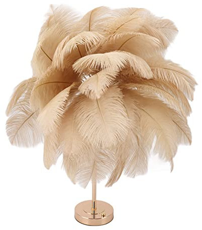 Lampe de Table en Plumes, Lampe en Plumes d'autruche à 3 Modes avec Base à Interrupteur Tactile, Lampe de Table de Chevet pour Chambre à Coucher, Table de Chevet, Chambre de Fille (Bronzage léger)