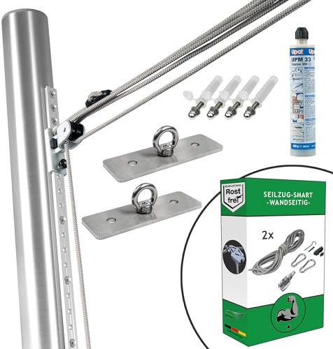 Pina DESIGN seit 1979 - Befestigungs-Set für dreieckige Sonnensegel | 2 Wandhalter & 1 Mast höhenverstellbar - (2X 1-Fach Seilzug mit integrierter Klemme, In Mauerwerk - 2X Wandhalter/Verankerungen)
