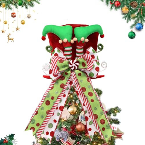 Montekin Christmas Tree Topper Hat with Bow, Red Velvet Top Hat Ornament with Elf Legs and Red & Green Polka Dot Bow, Winter Holidays Xmas Decor for Home Decoration