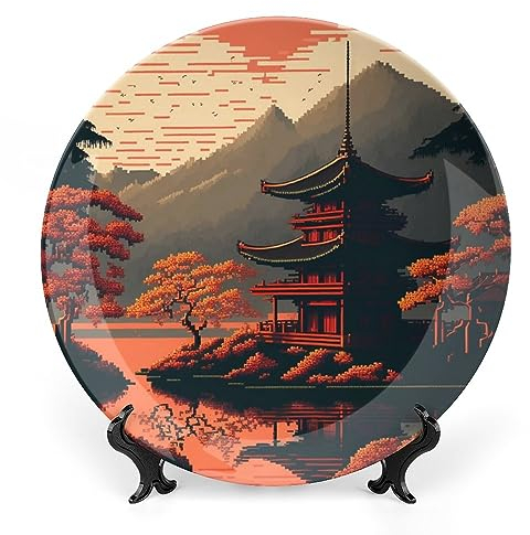 Piatti decorativi, Sunset Japan Snow Mountain Retro Dipinto Piatto da esposizione per casa ufficio cucina tavolo decorazione piatti in porcellana 25 cm, regali del Ringraziamento