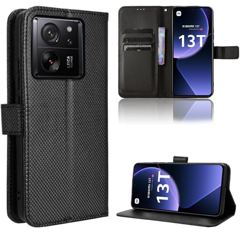 Rojeuinn Hülle für Xiaomi 13T/13T Pro Handyhülle-Hülle Stoßfest Case Cover-Handy Case in Premium Kohlefaser [Klappbar Flip] [Standfunktion Tasche] -Schwarz