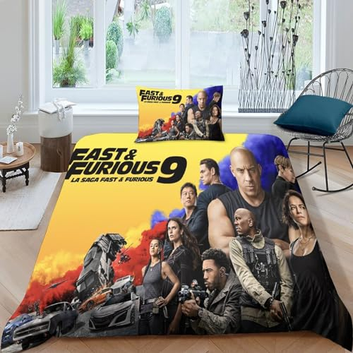 HESHS Fast & Furious-Bettwäsche, 3D Gedruckte Mikrofaser, 3-teilige Kinder, Jungen, Mädchen Bettbezug Set Mit Kissenbezug,Filme Für Single(135x200cm) Mit Reißverschluss