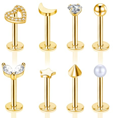Gojewen 8stk Lippenpiercing Labret Stecker 8mm Edestahl 16G Piercing Helix Tragus Cartilage Medusa Lippe Gold Herz Stern