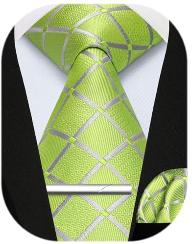 Enlision Corbata de Cuadros con Pañuelo y Clip de corbata para Hombre Conjunto de Corbata y Pañuelo de bolsillo para Boda Formales Negocio Trabajo,Verde