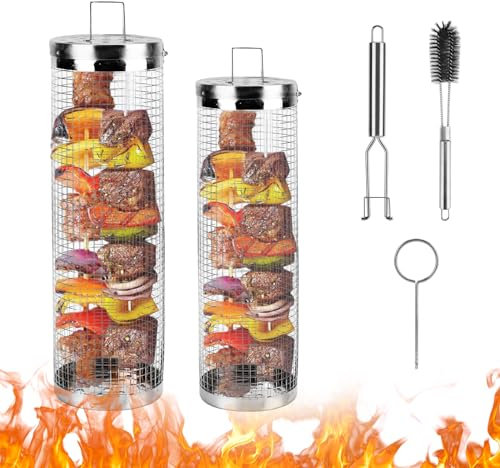 Konesky Cestini per grigliare in acciaio inox, con gancio, per barbecue portatile, per verdure, frutti di mare e carne cotti uniformemente, 131ZY9837