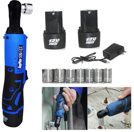 DayPlus Llave de carraca con batería de 12 V, accionamiento Sq de 3/8, 40 Nm, 2300 rpm, ángulo recto de 90°, 2 baterías, 7 enchufes para ingeniería, ingeniería mecánica, tareas de bricolaje