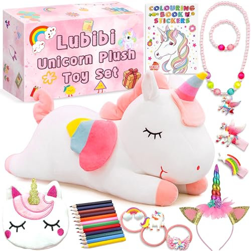 Lubibi Einhorn Kuscheltier,Einhorn Geschenke für Mädchen ab 3 4 5 6 7 8 9 10 Jahre,Haarnadeln, Armbänder,Halsketten,Pinsel,Zeichenbücher,Mädchen Bastelset Kinder ab 3-12 Jahre,kuscheltiere mädchen