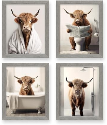heilkee Lustiges Hochlandkuh Badezimmer-Dekor, Tier, Badezimmer, Wandkunst, braunes Rind in der Badewanne, Bild, rustikaler Bauernhaus-Stil, Poster, Drucke, Kuh in WC, 4 Stück (grau gerahmt, 20,3 x