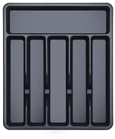 BEWOS 6 Compartment Cutlery Tray, Plastic Silverware Organizer, BPA Free & Frosted Surface Drawer Organizer for Silverware in Kitchen, Dining room, Bedroom, Black
