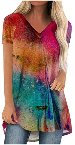 Oversize Lang Pullover Damen Longshirt Kurzarm T-Shirt Sommer Oberteile Elegant Einfarbig Tshirt Longbluse Große Größe V-Ausschnitt Longtops Loose Fit Bluse Shirts Übergröße Lose Pulli Geschenk