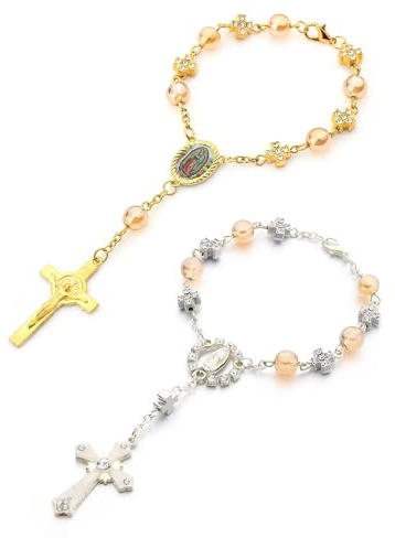 Zeayebsr 2 Stück Rosenkranz Katholisch, Rosenkranz Kette Autospiegel Anhänger für Rückspiegel, Kreuz Armband für Segen, Rückspiegel, Auto-Dekoration, Gastgeschenke Kommunion, Gold und Silber
