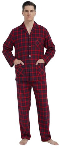 GLOBAL Homme Pyjama Flanelle Ensembles de Pyjama Homme Coton Vêtements de Nuit Haut Deux Pièces Chaud Pyjama Sets Boutonnés à Manches Longues Loungewear Carreaux Rouge/Bleu L