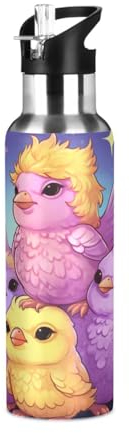 Niigeu Mignon Bébé Oiseau Animal Bouteille d'eau Isotherme avec Paille en Acier Inoxydable Gourde, Sans BPA Gourdes Eau pour Enfant Sport Randonnée École Bureau (600ml/1L)