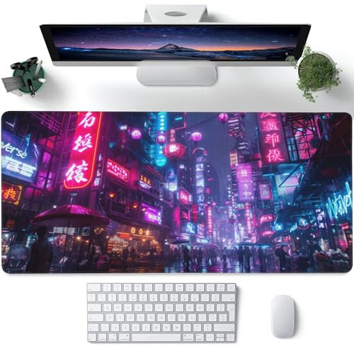 Desk Mat,Cyberpunk Neon City Large Gaming Mouse Pad for Desk XXL,Futuristic Night Street Desk Pad,Extended Big Computer Keyboard Mouse Pad with Non-Slip Base and Stitched Edge 35.4x15.7