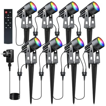 Lam(MS)pen 8 Focos LED RGBW COB Con Temporizador de Control Remoto para Jardín, Luz LED de Aluminio RGB+Blanco Cálido 3000K, 12V 24W IP65 Impermeable para Exterior