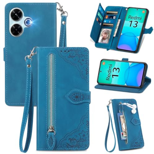 MOJIA Coque Porte Monnaie pour Xiaomi Redmi 13 4G / Poco M6 4G, Etui Portefeuille en Cuir PU avec Cover en TPU, Etui Multifonctionnel Porte-Cartes avec Dragonne. Bleu