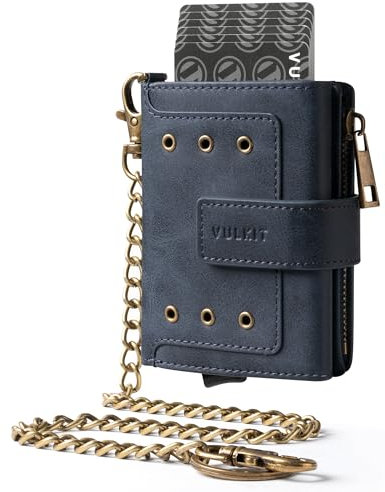 VULKIT Portefeuille Intelligent Homme avec Chaîne, Éjecteur de Cartes en Aluminium Sécurisé RFID, Fenêtre d'Identité, Poche à Pièces Fermeture Éclair + Compartiment à Billets - Boîte Cadeau (Bleu)