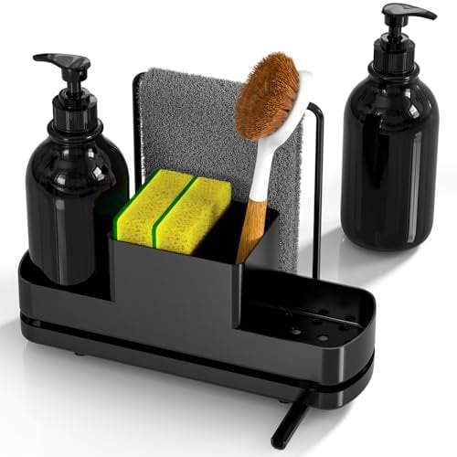 ISWUJIA Spülmittelspender Seifenspender Schwarz, Seifenspender Set für Küchenspüle, Badezimmer, Seifenspender Küche mit Pumpspender, Seifenspender mit küchen Organizer