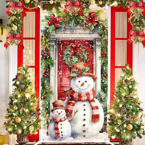 Couverture de Porte de Bonhomme de Neige Noël, Décoration Noël Rouge Vert Couverture de Porte d'Entrée Bannière Suspendue Toile de Fond, Décoration de Porte Noël Extérieure pour Fête Noël 90x180cm