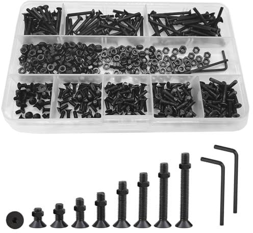 WeqeYent M3 Black Flat Head Screws Alloy Steel Hex Socket Cap Bolts and Nuts, Hexagon Countersunk Machine Screw Fasteners Assortment Set Kit (482 Pcs)