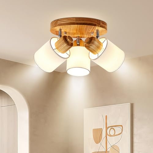 Doughelec Deckenlampe Deckenstrahler 3 Flammig Holz - Rund Deckenleuchte Deckenspot Wohnzimmer Vintage E14 Schwenkbar Lampe Decke Wandstrahler MAX 30W für Schlafzimmer Küche Flur, Ohne Leuchtmittel