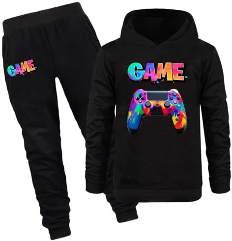 Zgekmby Jungen Trainingsanzug Game Fans Baumwolle Pullover Hoodie Sweatshirt Kleidung Set Kinder Jogginghosen Set 2 Stück Sweatsuit, Schwarz, 11-12 Jahre