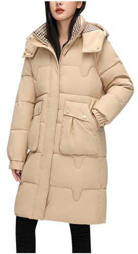 Mrat Damen Daunenjacke mit Kapuze, langer Puffermantel, gepolsterter Mantel, gesteppter Reißverschluss, Bodywarmer Wintermantel, Damen, Langarm, Mantel, Parka, Mantel, lockere Passform, Trenchcoat,