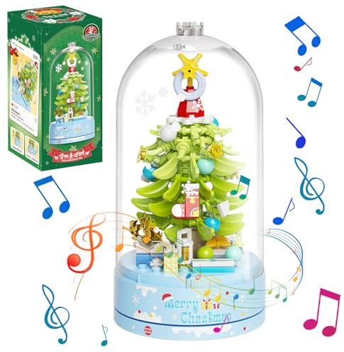 MEIEST Weihnachtsbaum Bausteine Spieluhr Set mit staubdichte Kuppel,Weihnachtsferien BAU Spielzeug Geschenk,Home Decor (Schnee Weihnachtsbaum)