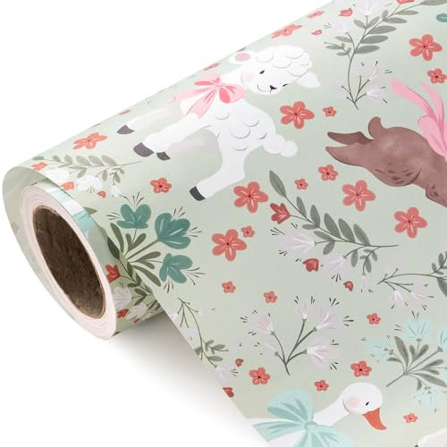 WRAPAHOLIC Geschenkpapierrolle aus Kraftpapier für Ostern, Mini-Rolle, 43,2 cm x 10,2 m, Osterhase, Schaf, Gans mit Schleife, Geschenkpapier, perfekt für Ostern, Babyparty, Party